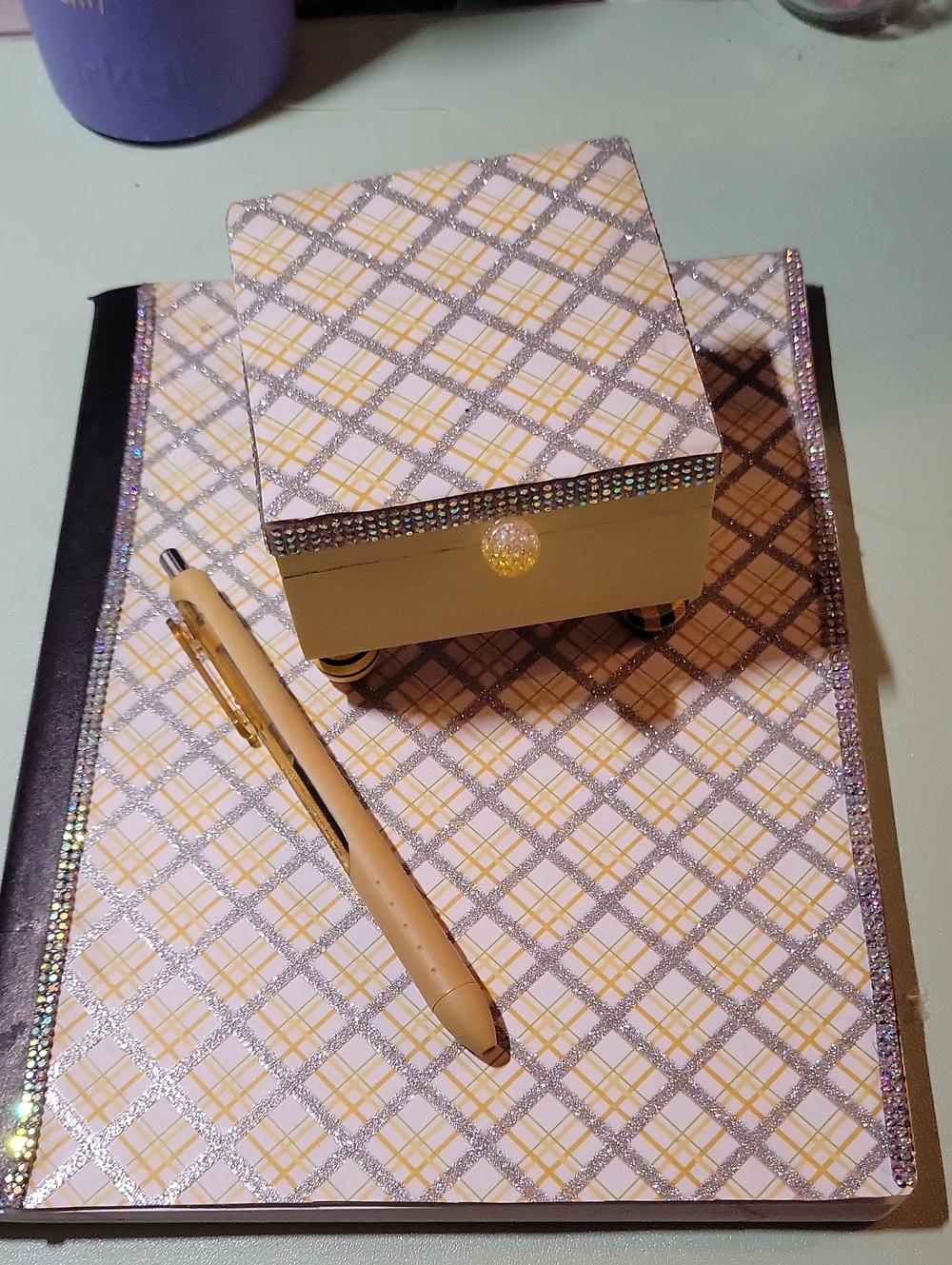 Yellow Plaid Hardcover Notebook with Glitter Accent, Trinket Box, And A PEN!